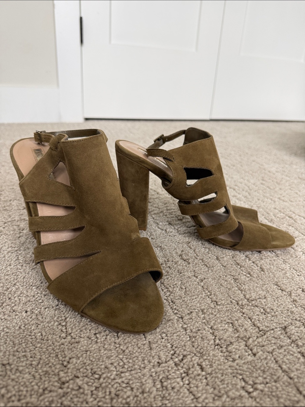 Audrey Brooke Olive Suede Cutout Block Heel Sandals